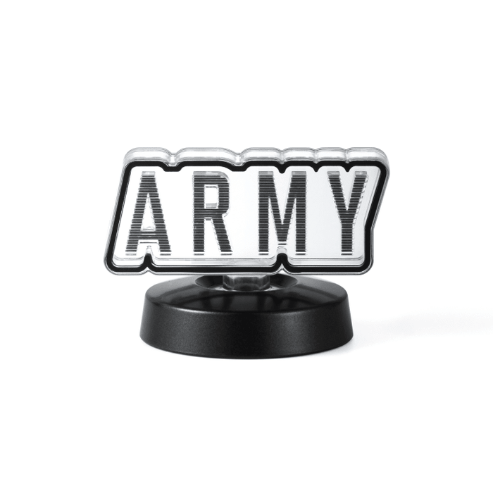 BTS OFFICIAL LIGHT STICK VER.4 PARTS ARMY version main product showing clear crystalline ARMY text logo attachment on top of VER.4 light stick globe, standalone part view on black base, and multiple angles of part attached to illuminated light stick