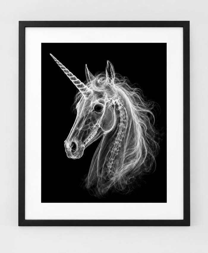EXPOSED 001 — UNICORN artwork in 16 × 20 black frame with white mat
