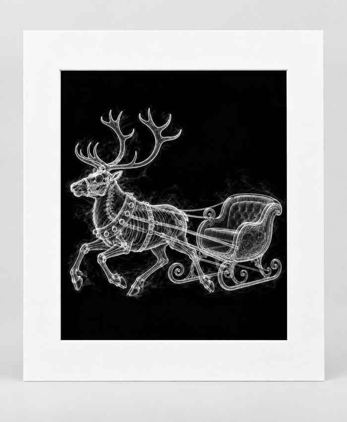 EXPOSED CHRISTMAS — REINDEER & SLEIGH — 14 × 17 artwork in 16 × 20 white mat