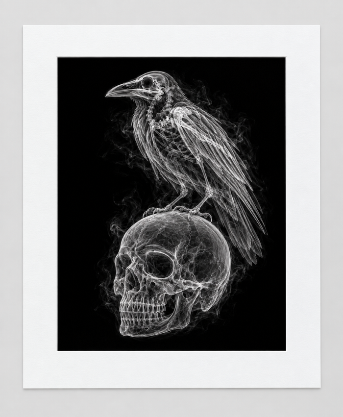 EXPOSED HALLOWEEN — RAVEN ON SKULL — 14 × 17 artwork in 16 × 20 white mat