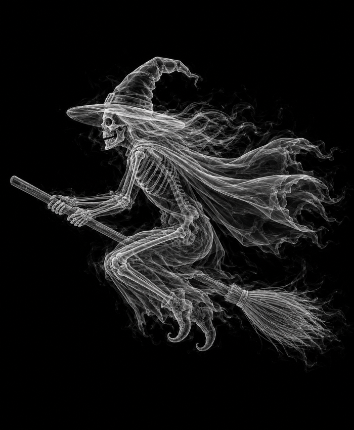 EXPOSED Halloween Witch on Broom high-detail X-ray artwork