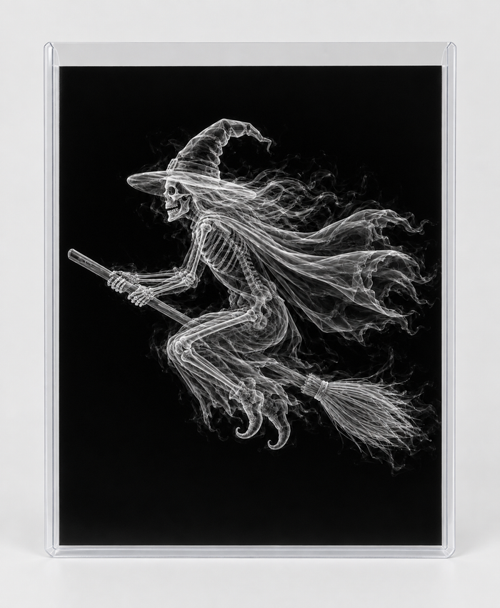 EXPOSED HALLOWEEN — WITCH ON BROOM in clear rigid card sleeve
