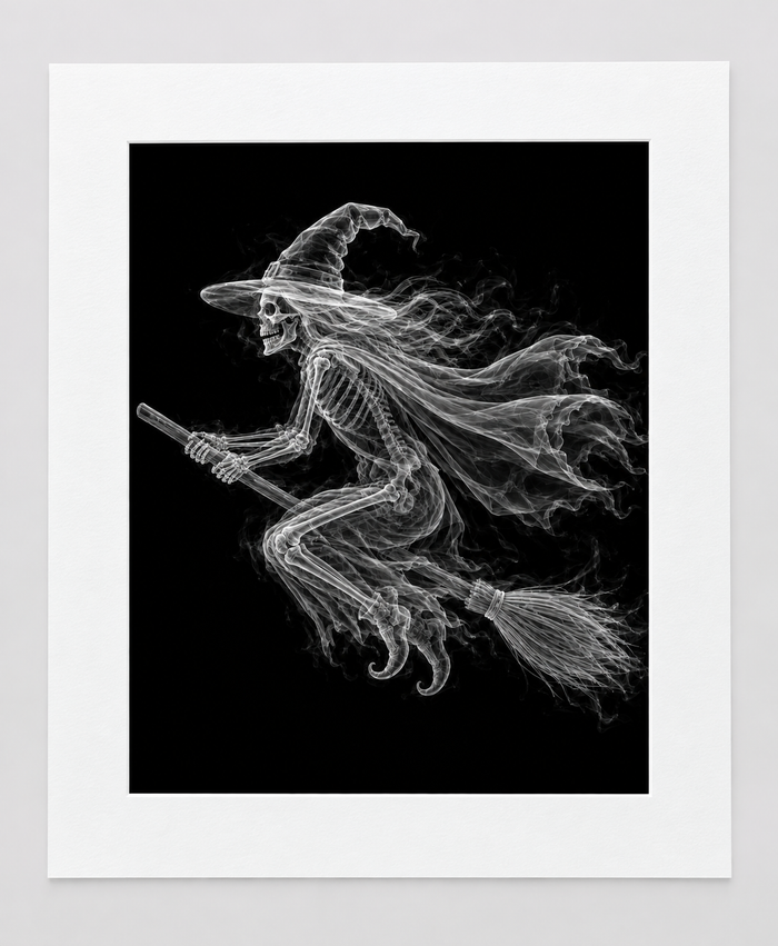 EXPOSED HALLOWEEN — WITCH ON BROOM — 14 × 17 artwork in 16 × 20 white mat