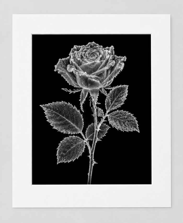 EXPOSED WINTER — FROZEN ROSE — 14 × 17 artwork in 16 × 20 white mat
