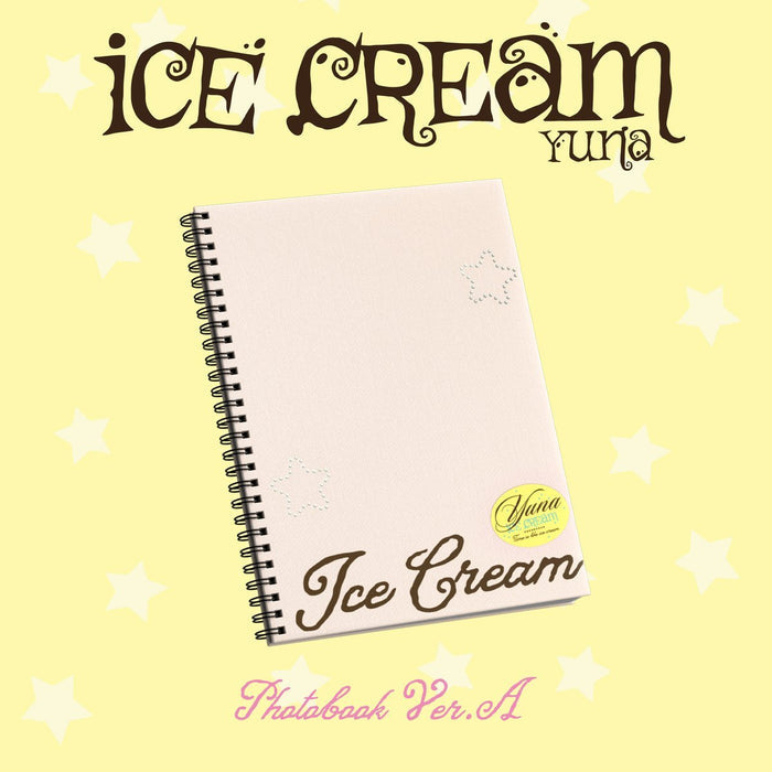 ITZY Yuna ICE CREAM photobook pre-order USA, Yuna 1st mini album photobook, Yuna ICE CREAM Ver A Ver B photobook, Yuna ICE CREAM first edition acrylic keyring, ITZY Yuna solo debut photobook 2026, Yuna ICE CREAM photocard 2 out of 6, MIDZY Yuna solo album photobook buy USA