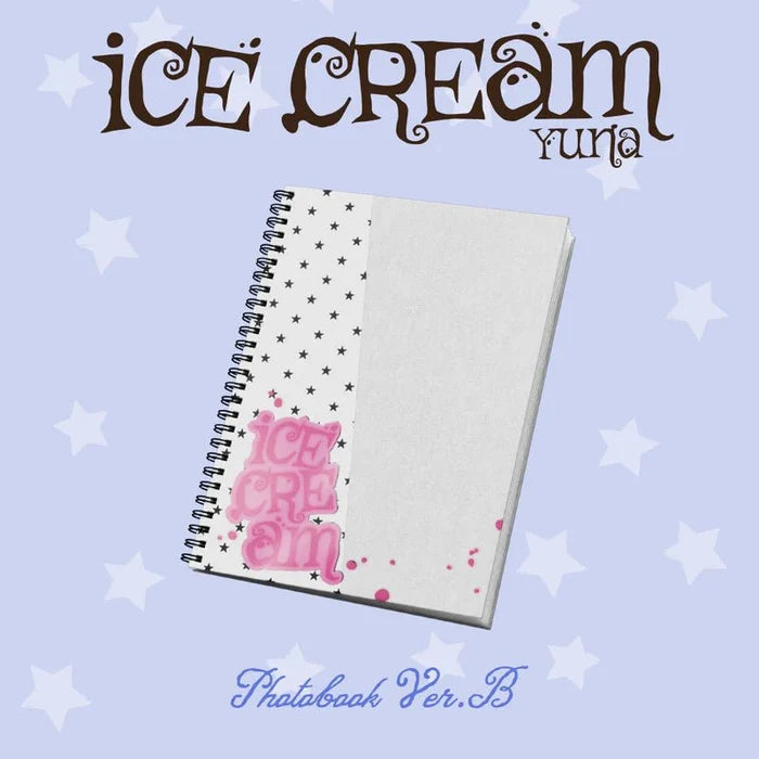 ITZY Yuna ICE CREAM photobook pre-order USA, Yuna 1st mini album photobook, Yuna ICE CREAM Ver A Ver B photobook, Yuna ICE CREAM first edition acrylic keyring, ITZY Yuna solo debut photobook 2026, Yuna ICE CREAM photocard 2 out of 6, MIDZY Yuna solo album photobook buy USA