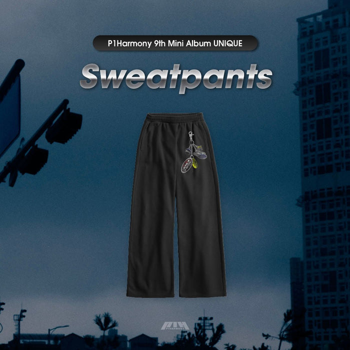 P1Harmony UNIQUE sweatpants buy USA, P1Harmony UNIQUE pop-up exclusive merch, P1Harmony 9th mini album UNIQUE merchandise, P1Harmony sweatpants official MD, P1Harmony UNIQUE baggy sweatpants, P1Harmony UNIQUE charm sweatpants