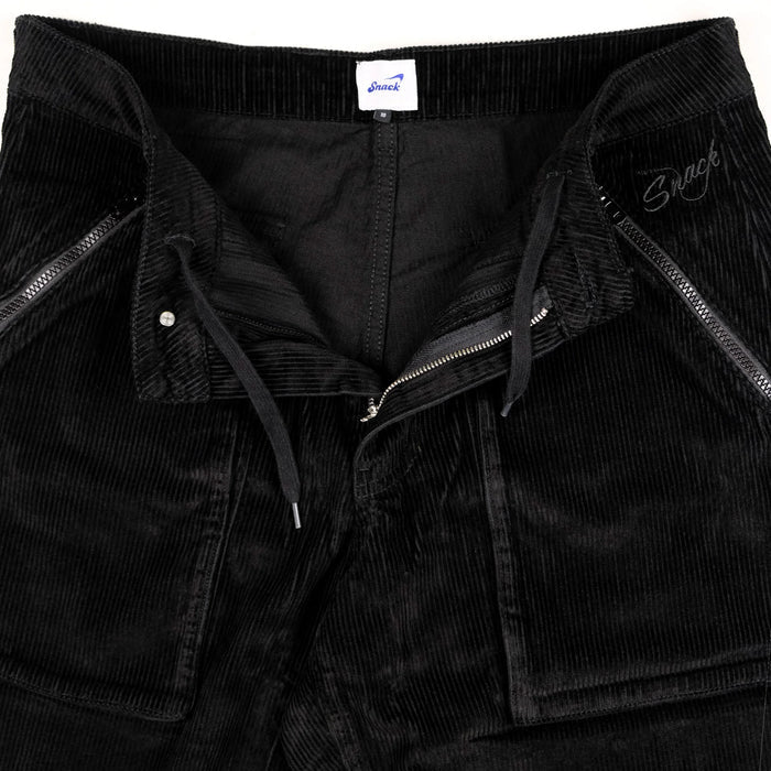 Snack Mic Check Corduroy Pants Black front zipper and drawstring detail