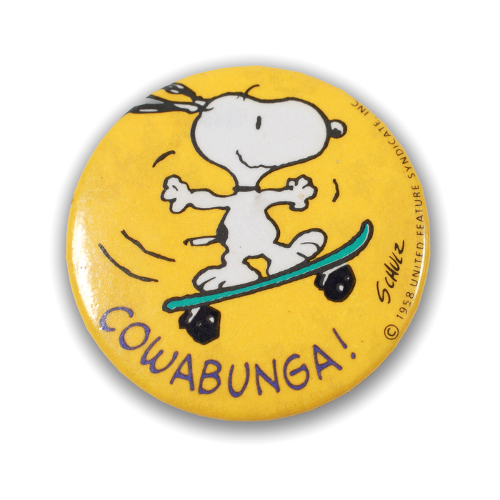 Vintage Snoopy Skateboarding Pin 1958 front